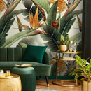 Botanical Wallpaper Featuring Bird of Paradise Flowers in Green, Orange, and Red - B220