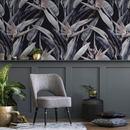 Botanical Wallpaper with Bird of Paradise Flowers in Indigo, Beige, and Black - B221