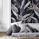 Botanical Wallpaper with Bird of Paradise Flowers in Indigo, Beige, and Black - B221