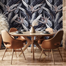 Botanical Wallpaper with Bird of Paradise Flowers in Indigo, Beige, and Black - B221