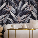 Botanical Wallpaper with Bird of Paradise Flowers in Indigo, Beige, and Black - B221