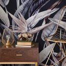 Botanical Wallpaper with Bird of Paradise Flowers in Indigo, Beige, and Black - B221