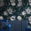 Floral Wallpaper with Moody Roses in Dark Green, White, and Blue - B223