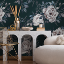 Floral Wallpaper with Moody Roses in Dark Green, White, and Blue - B223