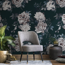 Floral Wallpaper with Moody Roses in Dark Green, White, and Blue - B223