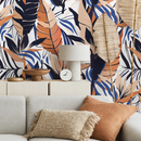 Botanical Wallpaper with Abstract Tropical Leaves in Orange, Blue, and Beige - B230