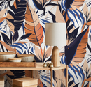 Botanical Wallpaper with Abstract Tropical Leaves in Orange, Blue, and Beige - B230