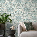 Damask Wallpaper with a Distressed Motif in Teal and Cream - B236