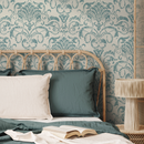 Damask Wallpaper with a Distressed Motif in Teal and Cream - B236