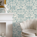 Damask Wallpaper with a Distressed Motif in Teal and Cream - B236