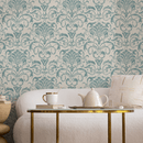 Damask Wallpaper with a Distressed Motif in Teal and Cream - B236