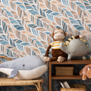 Abstract Wallpaper with Wavy Feather-Like Strokes in Blue and Brown - B239