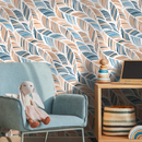 Abstract Wallpaper with Wavy Feather-Like Strokes in Blue and Brown - B239