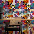 Geometric Wallpaper with a Distressed Circle Motif in Orange, Purple, and Teal - B265