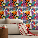 Geometric Wallpaper with a Distressed Circle Motif in Orange, Purple, and Teal - B265