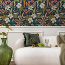 Tropical Wallpaper with Hibiscus Flowers in Dark Blue, Green, and Pink - B284