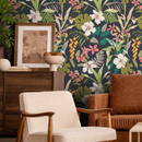 Tropical Wallpaper with Hibiscus Flowers in Dark Blue, Green, and Pink - B284