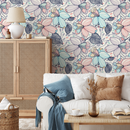 Floral Wallpaper with Stylized Line Art Blooms in Blue, Pink, and Blue - B297