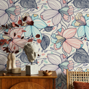 Floral Wallpaper with Stylized Line Art Blooms in Blue, Pink, and Blue - B297