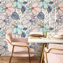 Floral Wallpaper with Stylized Line Art Blooms in Blue, Pink, and Blue - B297