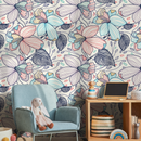 Floral Wallpaper with Stylized Line Art Blooms in Blue, Pink, and Blue - B297