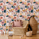 Floral Wallpaper with Folk Art Motifs in Pink, Yellow, and Teal - B303