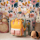 Floral Wallpaper with Folk Art Motifs in Pink, Yellow, and Teal - B303