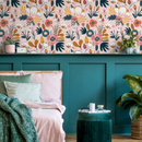 Floral Wallpaper with Folk Art Motifs in Pink, Yellow, and Teal - B303