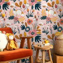 Floral Wallpaper with Folk Art Motifs in Pink, Yellow, and Teal - B303