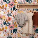 Floral Wallpaper with Folk Art Motifs in Pink, Yellow, and Teal - B303