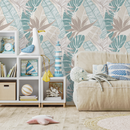 Tropical Wallpaper with Birds of Paradise in Teal and Beige - B314