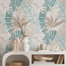 Tropical Wallpaper with Birds of Paradise in Teal and Beige - B314