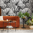 Botanical Wallpaper with a Fan Palm Motif in Black and White - B324