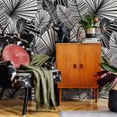Botanical Wallpaper with a Fan Palm Motif in Black and White - B324