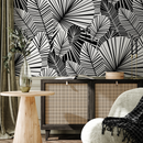 Botanical Wallpaper with a Fan Palm Motif in Black and White - B324