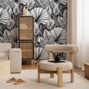 Botanical Wallpaper with a Fan Palm Motif in Black and White - B324