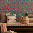 Animal Wallpaper Featuring Ornate Elephants in Red, Blue, and Gold - B347