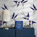 Chinoiserie Wallpaper featuring Flying Swallows in Blue, Red, and Black - B369