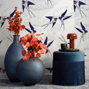 Chinoiserie Wallpaper featuring Flying Swallows in Blue, Red, and Black - B369
