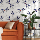 Chinoiserie Wallpaper featuring Flying Swallows in Blue, Red, and Black - B369