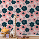 Floral Wallpaper Featuring Bold Graphic Blooms in Navy and Pink - B373