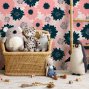 Floral Wallpaper Featuring Bold Graphic Blooms in Navy and Pink - B373