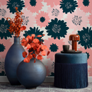 Floral Wallpaper Featuring Bold Graphic Blooms in Navy and Pink - B373