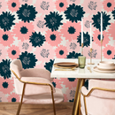 Floral Wallpaper Featuring Bold Graphic Blooms in Navy and Pink - B373