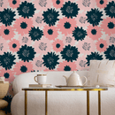 Floral Wallpaper Featuring Bold Graphic Blooms in Navy and Pink - B373