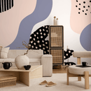 Abstract Mural Wallpaper with Organic Forms in Lavender, Blush, and Black - B377