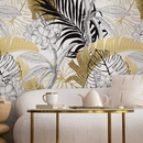 Tropical Wallpaper Featuring Bold Jungle Leaves in Gold and Black - B387