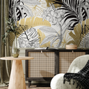 Tropical Wallpaper Featuring Bold Jungle Leaves in Gold and Black - B387