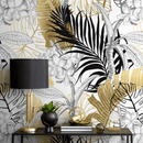 Tropical Wallpaper Featuring Bold Jungle Leaves in Gold and Black - B387