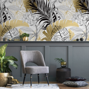 Tropical Wallpaper Featuring Bold Jungle Leaves in Gold and Black - B387